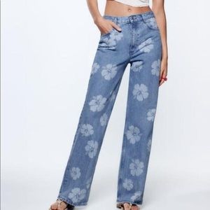 ZARA HIBISCUS FLOWER WIDE LEG DENIM PANTS